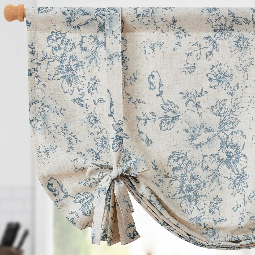 jinchan Tie Up Curtain Double Layer Linen Roman Shades Valance Curtain Floral for Bathroom Window Living Room Cafe Farmhouse Room Darkening Rustic Adjustable 54 Inch 1 Panel Blue on Beige