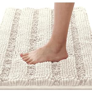 H.VERSAILTEX Bath Rugs for Bathroom Non Slip Bath Mats Extra Thick Chenille Striped Rug 20" x 32" Absorbent Non Skid Fluffy Soft Shaggy Washable Dry Fast Plush Mat for Indoor, Bath Room, Tub - Ivory