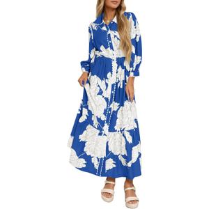 Wenrine Womens Maxi Shirt Dress Casual Floral Collared 3/4 Long Sleeve Drawstring Waist Button Down Boho Dresses (Large, Navy)