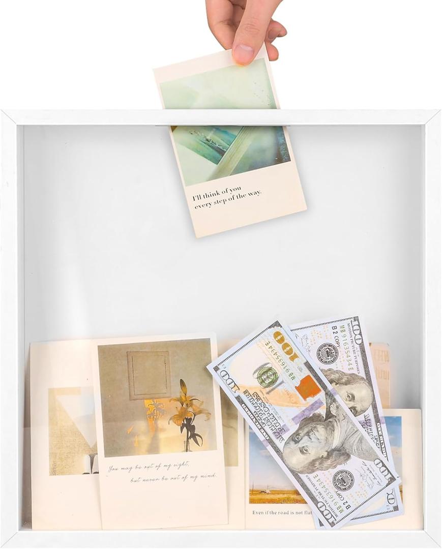 12x12 Traveler Adventure Shadow Box Frame Memory Box for Keepsakes Top Loading Shadow Keepsake Box with Slot for Concert Travel Ticket Stub Memory Wine Bottle Caps Shells Stamps, Creative Travel Gift (White)