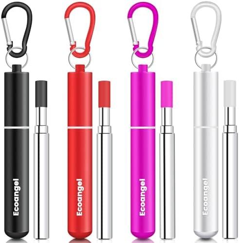 Ecoangel Cruise Ship Essentials,4-Pack reusable Collapsible Stainless Steel Drinking Straws with Aluminum Case,Cleaning Brush,and Keychains (Black&rose gold&silver&red)