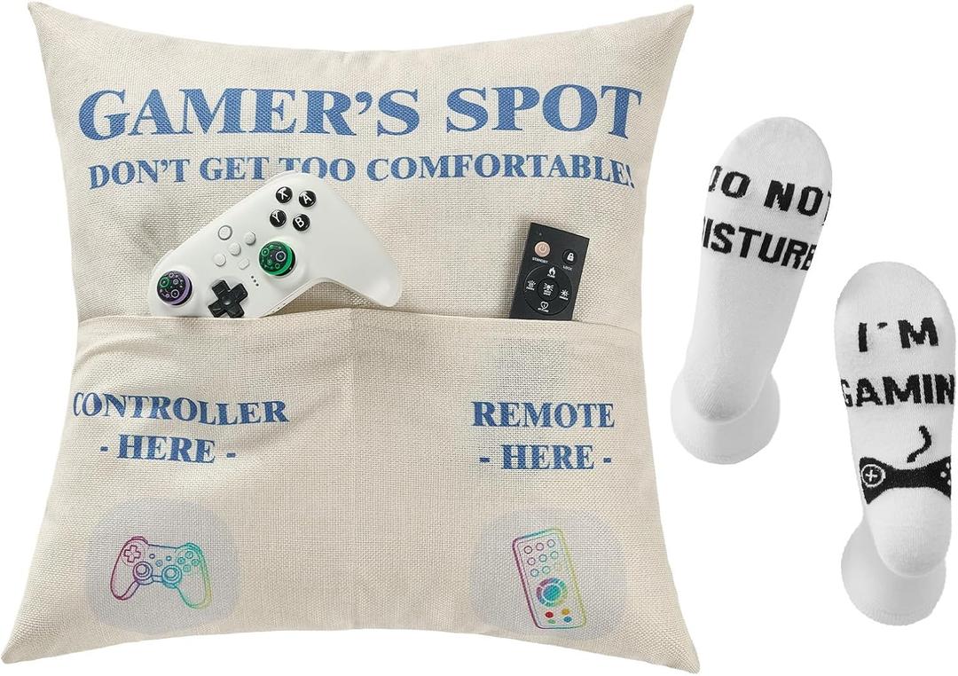 2 x FUTEI Children Gifts,Gamer'Spot Throw Pillow Covers 18x18 Inch Set of 1 Christmas Holiday Home Decor for Couch Bed Living Room (Comes with 1 Pack Standard Size White Game Socks)