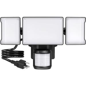 Olafus 75W Motion Sensor Outdoor Light Plug in, Motion Flood Light Dusk to Dawn, 7500LM LED Security Light IP65 Waterproof, Motion Activated 6500K PIR Sensor Lighting for Garage Yard Patio Eave, Black