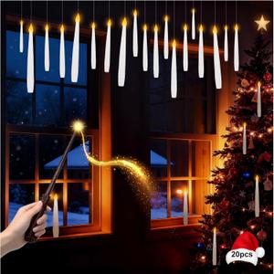 Christmas Flameless Floating Candles with Wand,20Pcs Magic LED Candles Remote and String, Christmas Hanging Taper Window Candles Decorations with Battery Operated for Party Birthday Indoor Xmas