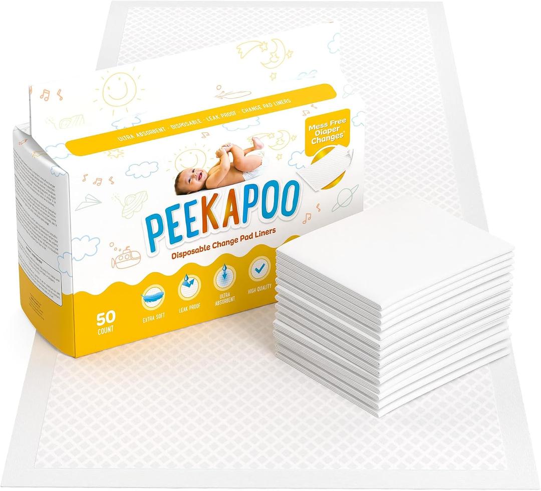 Peekapoo - The Original Disposable Baby Changing Pad Liners 50 Pack | Super Soft, Waterproof, Ultra Absorbent | Portable, Travel-Friendly, Mess-Free Diaper Changes Anywhere