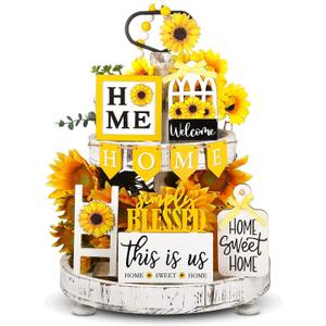 FairySandy 11 Pcs Sunflower Tiered Tray Decor Summer Rustic Home Farmhouse Tiered Tray Decorations Set Wooden Signs Vintage Farm Animal Farmhouse Tabletop Wood Signs for Kitchen Table Shelf Decor
