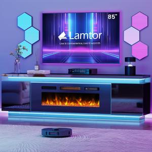 Fireplace TV-Stand with 40" Fireplace - 2 LED Light TV-Stand for 85 inch TVs, Entertainment Center with 4 AC Power Outlets, Storage 2 Tier TV Consoles Stand for Living Room, Easy Assembly, Black