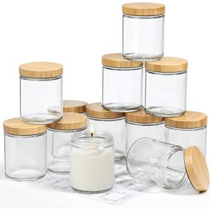 VITEVER 12 Pack Thick Glass Candle Jars with Bamboo Lids - 8 OZ, Bulk Clear Round Glass Candle Jars for Making Candles, Empty Food Storage Containers, Canning Jars for Spice, Powder, Liquid