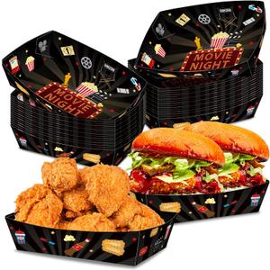 No Folding Required 50 Pack Movie Night Snack Tray 2 Lbs Large Disposable Paper Food Plates Party Supplies Boat Boxes Basket Container Holder for Burger Fries Hot Dog Taco BBQ Nacho Popcorn