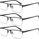 3-Pack Reading Glasses for Men, Lightweight Metal Half Frame Blue Light Blocking Computer Readers,Filter UV Ray/Computer Glare with Spring Hinge Eyeglasses(3PCS Black,+2.0)