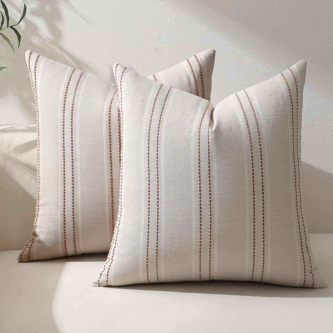 Hckot Rust Throw Pillow Covers 22x22 Set of 2 Striped Fall Pillow Covers Textured Linen Decorative Pillows Square Cushion Covers for Sofa Couch Bed Living Room Farmhouse Decor(Caramel)