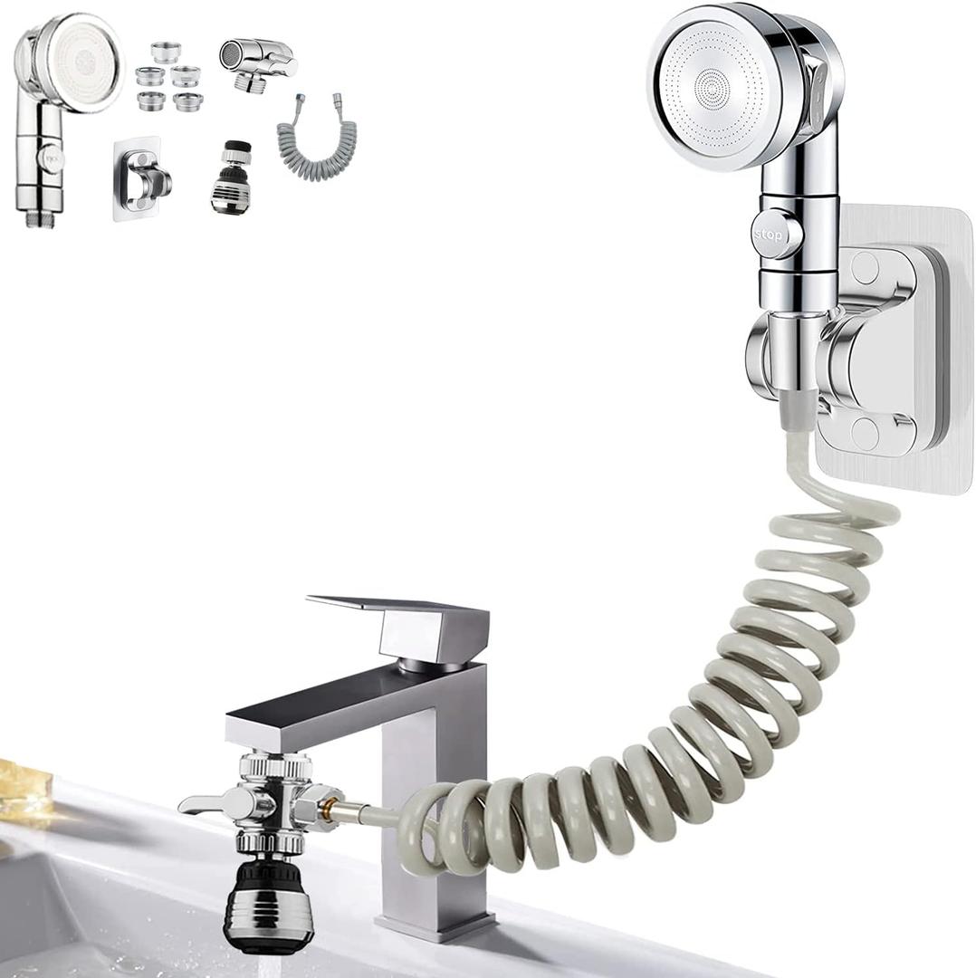 MOSELNY Sink Faucet Sprayer Attachment,Sink Shower Sprayer Attachment Set To Tub Faucet,ON/OFF Shower Head with (5 adapters),Sink Extension Hose Sprayer for Laundry Bathroom Kitchen