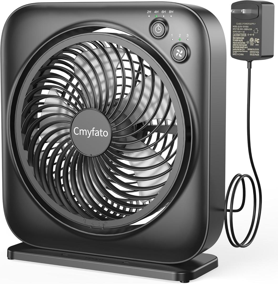 Portable Table fan, Window Fan,Small Box Fan with 3 Powerful Speed & 4 Timer Setting, 270 Pivoting Quiet Square DC Fan for Home Office Bedroom Bathroom Kitchen (Black)