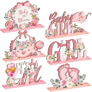 6 Pcs Floral Baby Shower Table Wooden Centerpieces Baby in Bloom Table Display with Letters Pink It's a Girl Gender Reveal for Girl Birthday Photo Props Summer Supplies