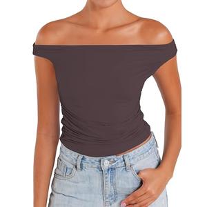 Sunzel Women's Off Shoulder Sleeveless Crop Top, Y2K Trendy Going Out Tank Shirt, Asymmetrical Neckline & Ruched Detail Seal Brown Large