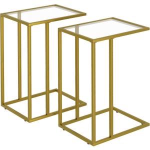 C Shaped End Side Table Set of 2,Couch Sofa Table for Small Space,Tempered Glass Snack Side Table with Metal Frame for Living Room, Bedroom, Bedside, Modern Style, Gold