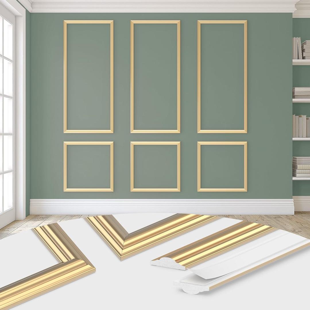 DODOKIE Peel and Stick Wall Molding Kit, Pre Cut Molding Wainscoting Panels for Interior Home Wall Moulding Dcor Living Room Decoration, Self-Adhesive Ready to Assemble Gold (3 Set, 24 x 78 in)