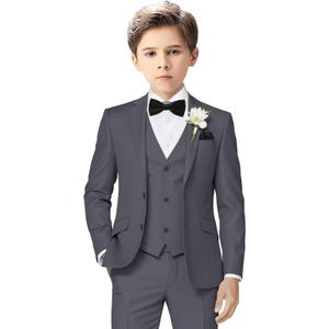 Boys Suit 3 Piece Tuxedo Suits for Boys Wedding Easter Outfits Kids Formal Suit Dress Jacket Vest Pants Bowtie Set (12, Grey)