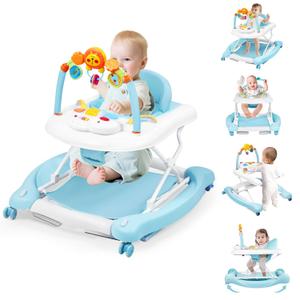 Baby Walker, 5-in-1 Baby Walkers for Boys and Girls 6-12 Months with Bouncer, Removable Footrest, Feeding Tray & Music, Foldable & Adjustable Activity Walker for 6-18 Months Toddler Infant
