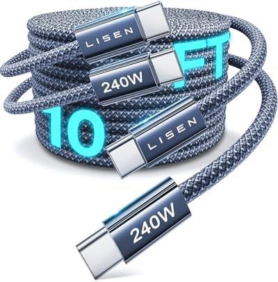 LISEN 240W Type C Charger Fast Charging Cable [10ft, 1-Pack] Long USB C Cable Fast Charging Cords 10 Foot C to C Cable Fast Charging Computer Security Cables for iPhone 17/16 Series, MacBook Pro Air