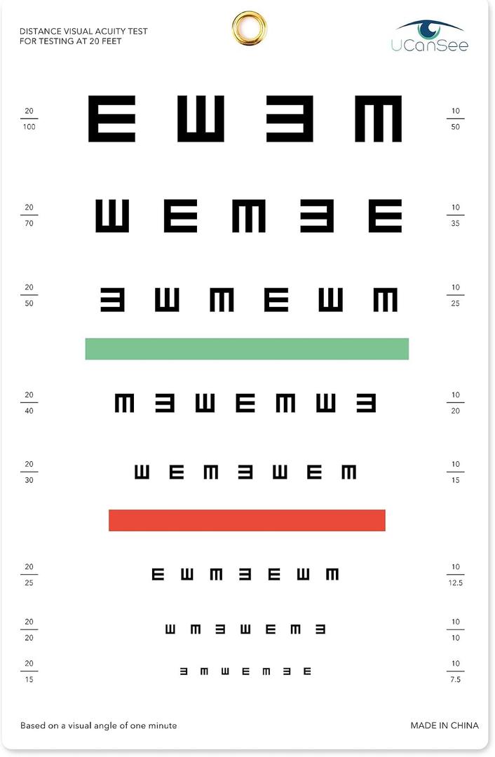 E Eye Chart, Visual Acuity Chart for Eye Exams at 10 Feet, 9 x 14 in, Waterproof Matte PVC