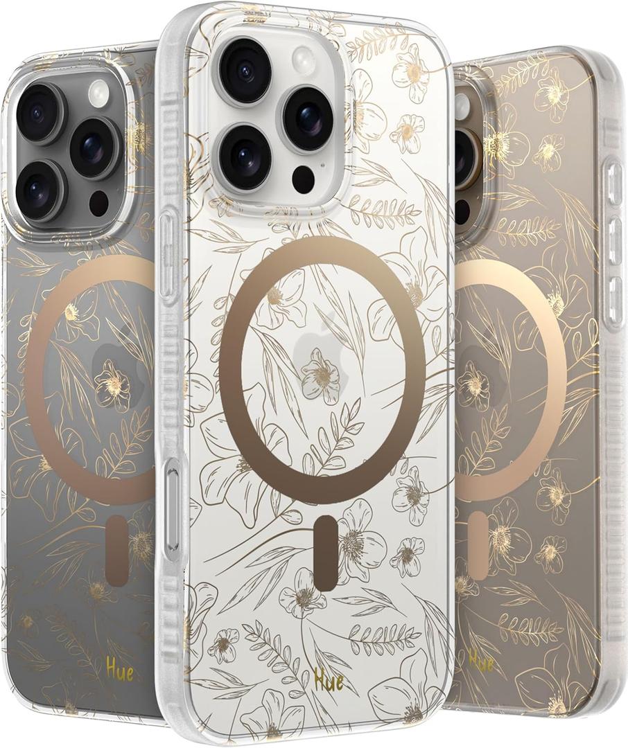 LONLI Hue - Magnetic Case for iPhone 16 Pro - [Compatible with Magsafe] - [360 Shock-Absorbent Bumper] - [Cute and Unique Phone Cover for Girls and Women] - Gold Floral