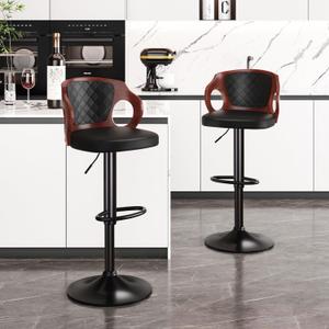 VECELO BarStools Set of 2,Counter Height Stools with Bentwood Back&Arm, Swivel Barstools,PU Leather Kitchen Island Stools, Adjustable Height Bar Chairs for Club Pub Dining Room,Black