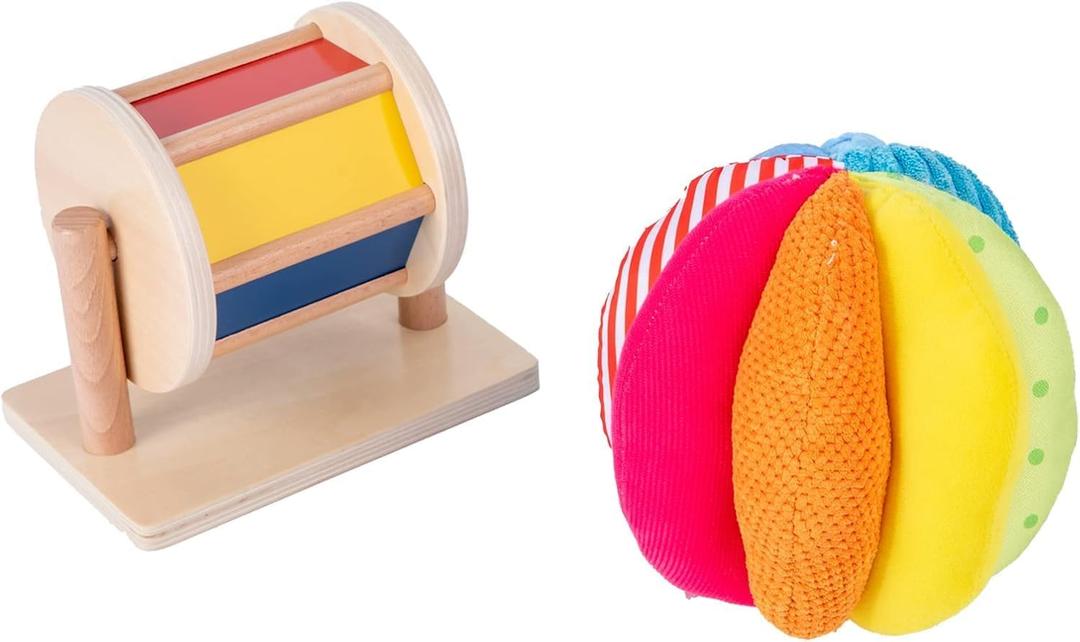 Montessori Baby Toys Play Kit Montessori Mirror Peekaboo Knob Puzzle, Medium Spinning Drum and Rainbow Fabric Ball Kit Toys for6-12Months Toddlers (Play Kit 3)