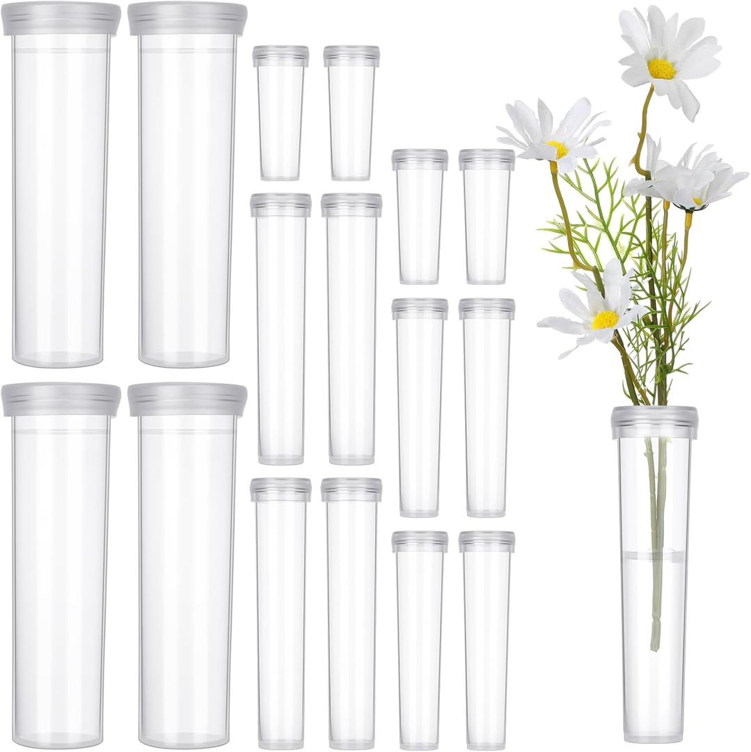 BrightRow 100 Pcs Flower Water Tubes with Caps Multisize Clear Plastic Floral Vials Holder for Single Stem Roses, Buds, Bouquets Fresh Flower Floral Picks Arrangement Centerpieces Decoration, 4 Size