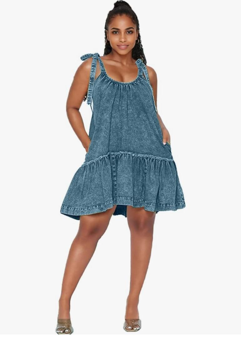 Women Denim Cami Dress Tie Shoulder Ruffle Hem Short Dresses Babydoll Wash Jean Sundress with Pocket Large, Blue Women Denim Cami Dress Tie Shoulder Ruffle Hem Short Dresses Babydoll Wash Jean Sundress with Pocket Large, Blue