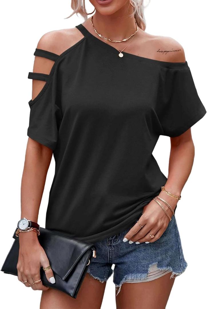 LilyCoco Women's Off The Shoulder Top Short Sleeve Cutout Asymmetrical Neck T Shirt (X-Large, Black)