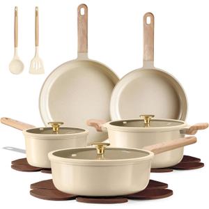 CAROTE 14Pcs Pots and Pans Set Non stick, Ceramic Cookware Set, Non-toxic Kitchen Cooking Set, PFAS and PFOA Free (Oatmeal)