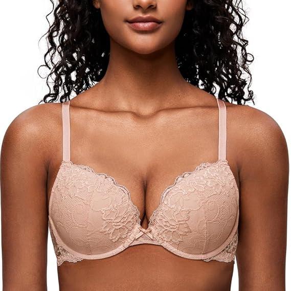 Deyllo Womens Push Up Lace Bra Comfort Padded Underwire Bra Lift Up Add One Cup (32D, Pink Nude)