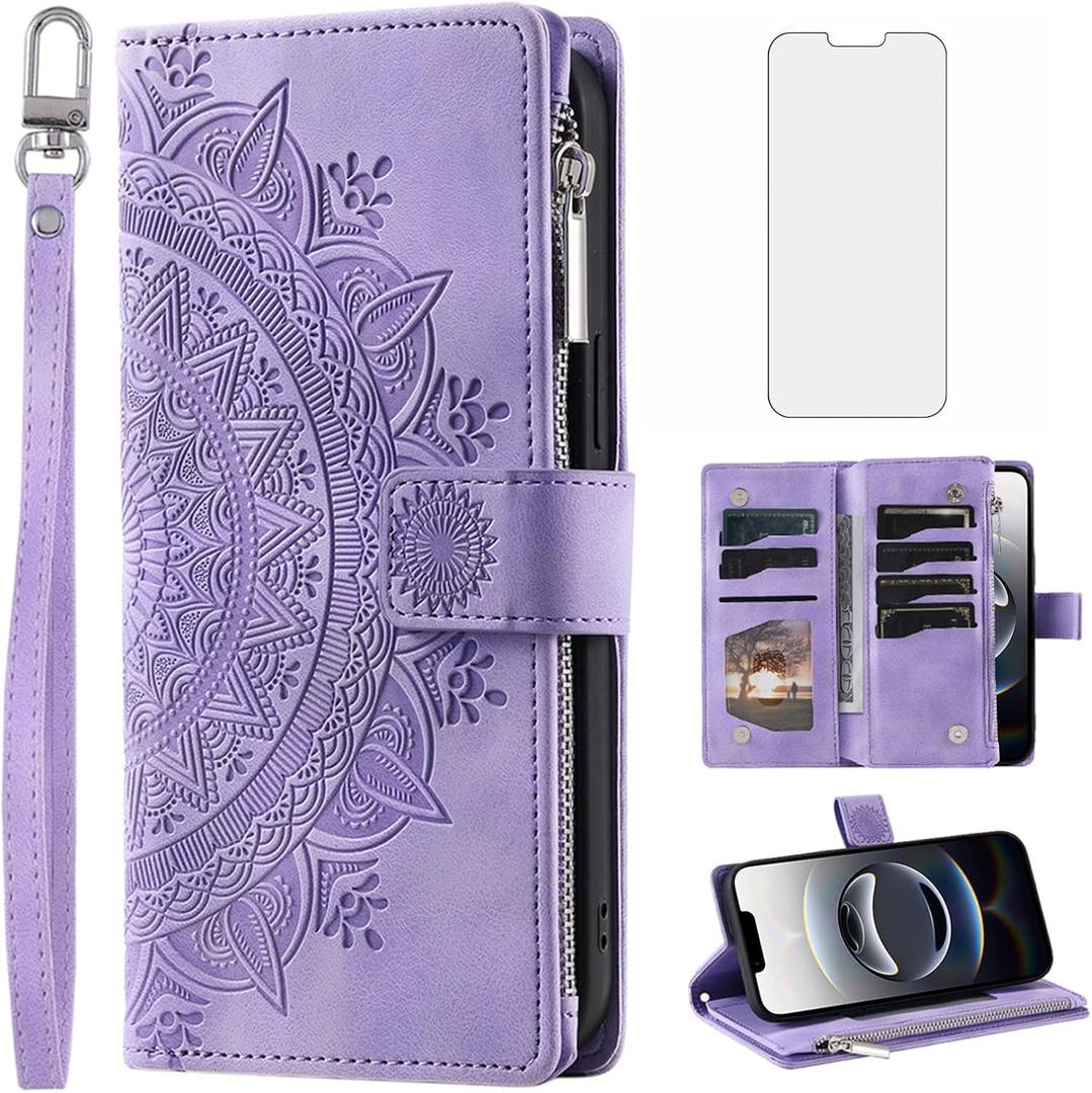 Phone Case for iPhone 16e/SE 2025/SE 4 Wallet Cover Screen Protector and Wrist Strap Mandala Flower Zipper Credit Card Holder Slot i Phone16e i16e 16 e SE4 4th Generation 16eCase Women Men, Purple