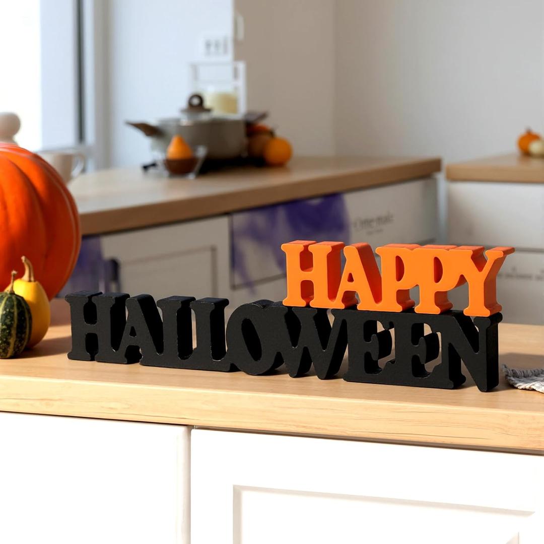 Halloween Table Decorations for Home Happy Halloween Sign Wooden Sign Blocks Indoor Home Decorative Signage for Tables Office Wall Shelf Desk Shelf Mantel Farmhouse