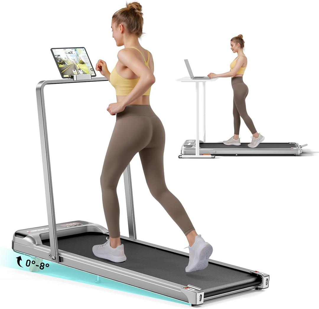 Abonow Portable Walking Pad with Handle Bar for Home & Office, 2 in 1 Under Desk Treadmill with 8% Incline, 2.5HP Small Foldable Compact Treadmills Walking Machine, LED Display, 265 LBS