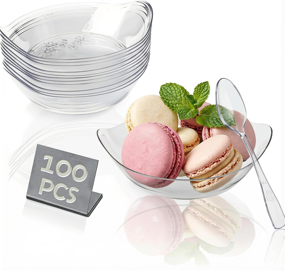 100 Pcs Mini Dessert Plates 5oz Plastic Appetizer Cups with Mini Plates & Forks,Small Plastic Bowls for Parfait, Tiramisu, Mousse