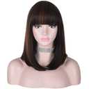 15 Inch Short Straight Brown Highlights Bob Wig with Bangs | Natural Heat Resistant Synthetic Hair for Women Daily Wear