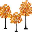 Krissing 3 Pack Light Up Fall Tree, 4Ft, 5Ft, 6Ft Artificial Lighted Fall Maple Tree with Lights Fake Autumn Maple Tree for Fall Home Indoor Outdoor Thanksgiving Fall Decor (Orange)