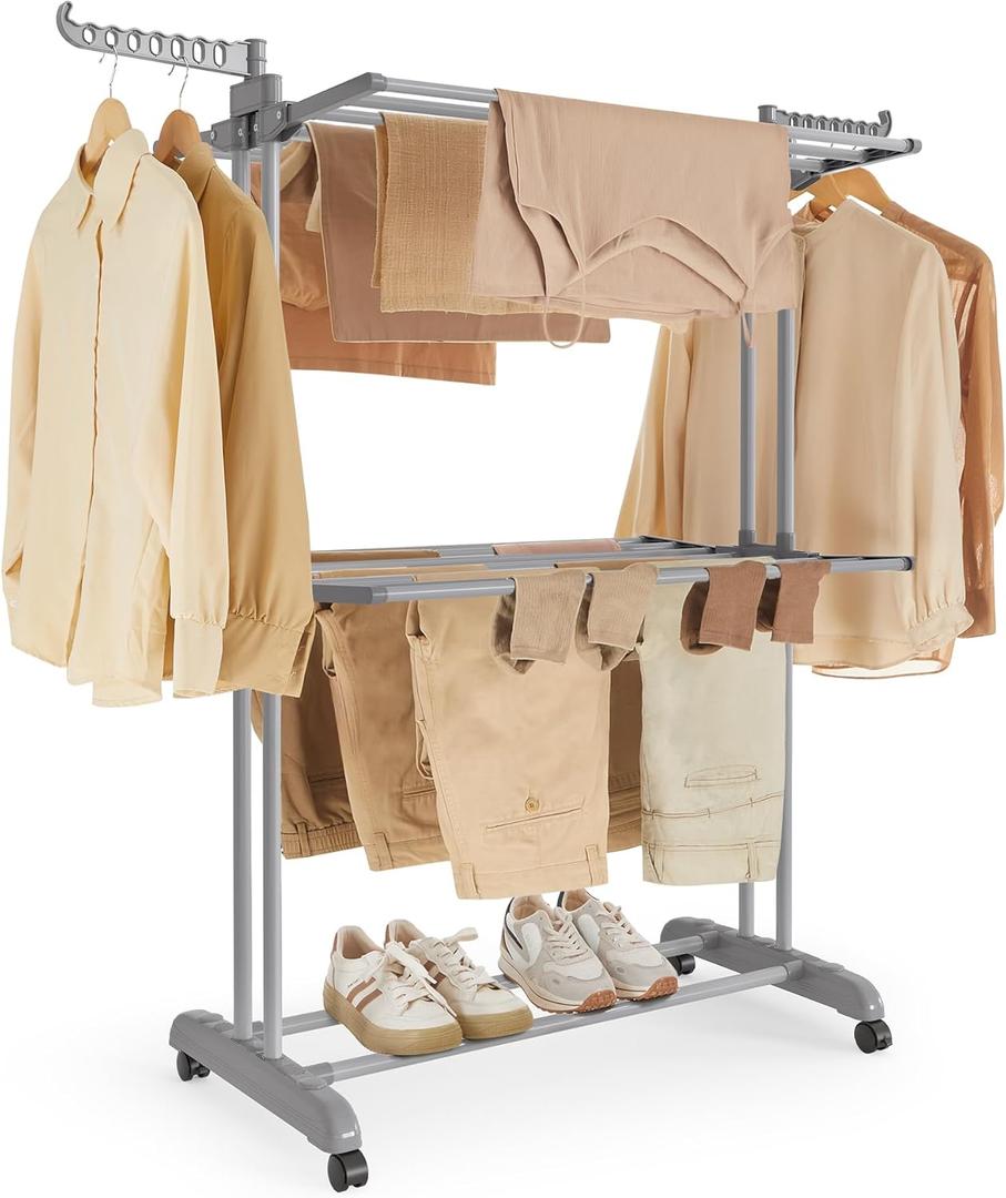 Household Essentials 4 Tier Stainless Steel Laundry Drying Rack with Two Side Wings, Grey
