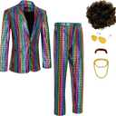 Men's 70s Disco Costume Shiny Metallic Sequin Suits Set Prom Party 2 Piece Outfits (3X-Large)