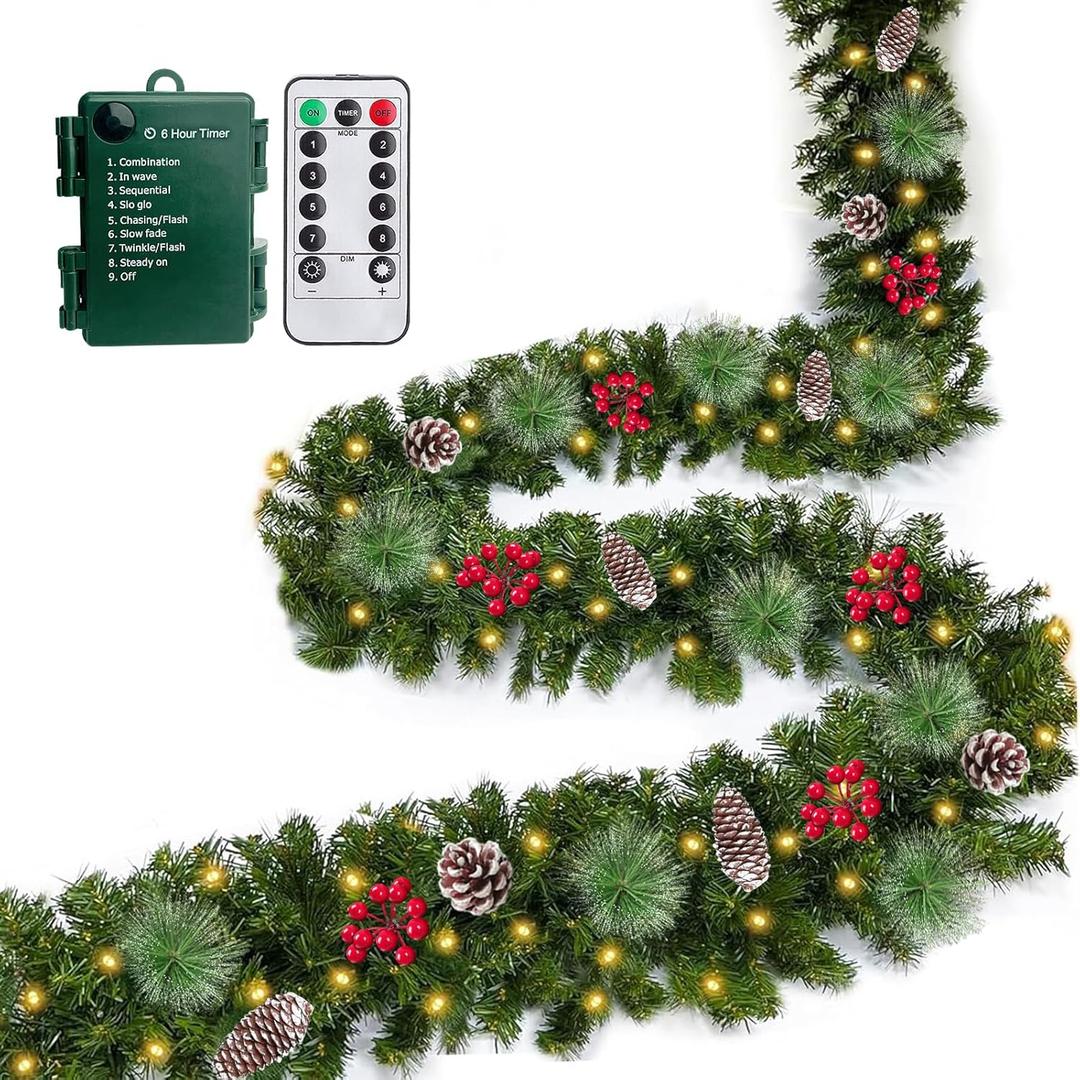 Remote Control - 18FT Long Prelit Outdoor Christmas Garland 100 Warm White & Colorful Lights Timer 8 Modes Thick 460 Branches 15 Pinecone 165 Berry Christmas Cedar Garland for Stairs Porch Front Door