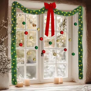 Riceshoot Christmas Window Decorations 9ft Christmas Garland Ornaments with Xmas Balls Silver Curling Ribbon Lights and Large Red Bows for Home Kitchen Window Decor Garden Holiday Party Decorations