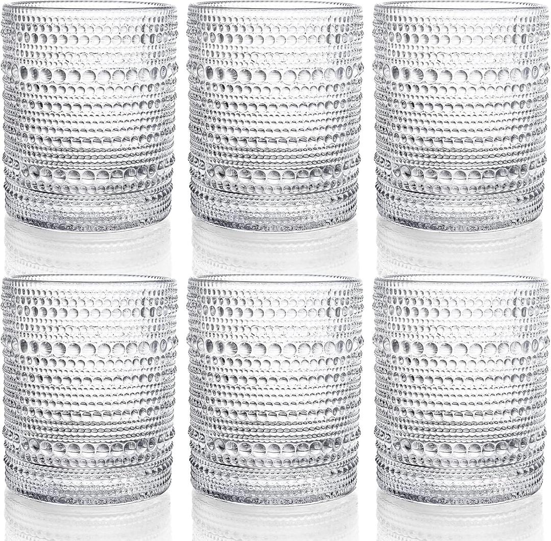 ZOOFOX Set of 6 Romantic Water Glasses, 12 oz Hobnail Glasses Tumbler, Clear Embossed Vintage Glassware Set for Beer, Cocktail, Soda, Beverages