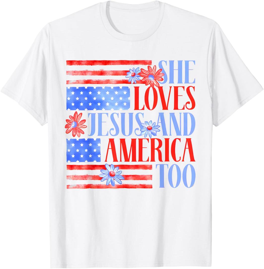 She Loves Jesus and America Too USA Flag Floral 4th Of July T-Shirt (Small)