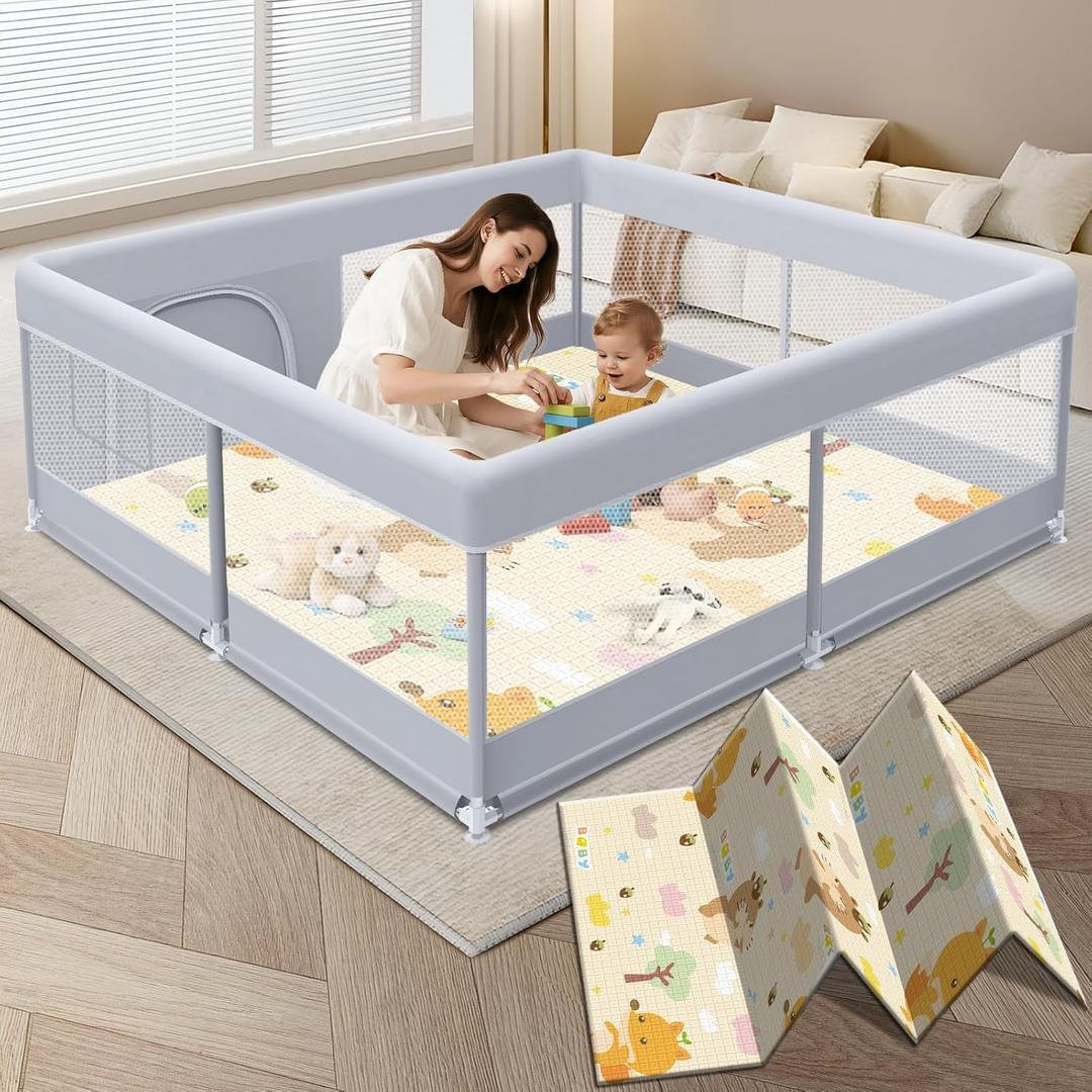 XVISHX Baby Playpen with Mat, 50 x 50 Inch Play Pen Playards, Playpen for Babies and Toddlers, Baby Playard for Indoor & Outdoor Active Center Game Fence, Skin-Friendly Fabric and Soft Breathable Mesh (Grey)