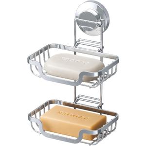 LEVERLOC Bar Soap Holder Dish Suction Cup Wall Mounted, Stainless Steel Double Layer Soap Saver for Shower Bathroom Bath Tub Kitchen Sink, Removable Waterproof, Keep Dry, Silver