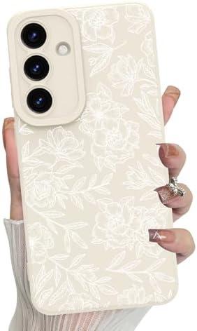 MZELQ for Samsung Galaxy S25 Case, Silicone Floral Flowers Rose Cute Pattern, Camera Protection Soft Slim Phone Case for Girls Women -White