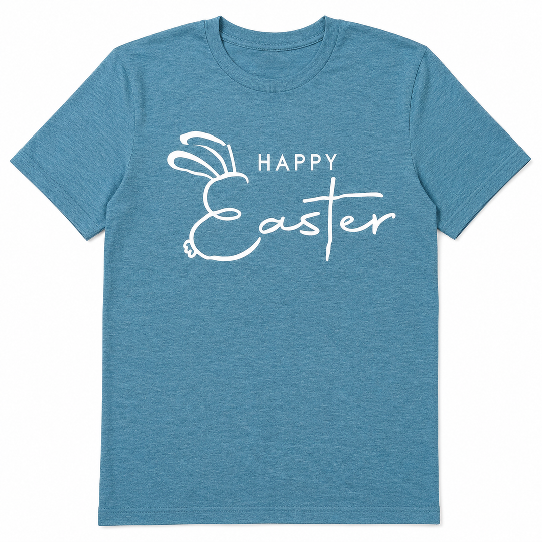Blue Happy Easter T-Shirt, Short Sleeve Bunny Graphic Tee, Casual Easter Holiday Shirt, Size Small