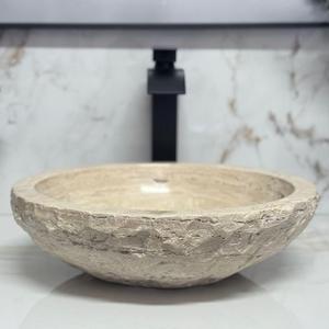 Shades of Nature Round Bowl Travertine Vessel Sink, Natural Stone Wash Basin, Hand-Carved Bathroom Sink, Chiseled Exterior, Polished Interior, Above Counter Vanity (Soap Tray Included)